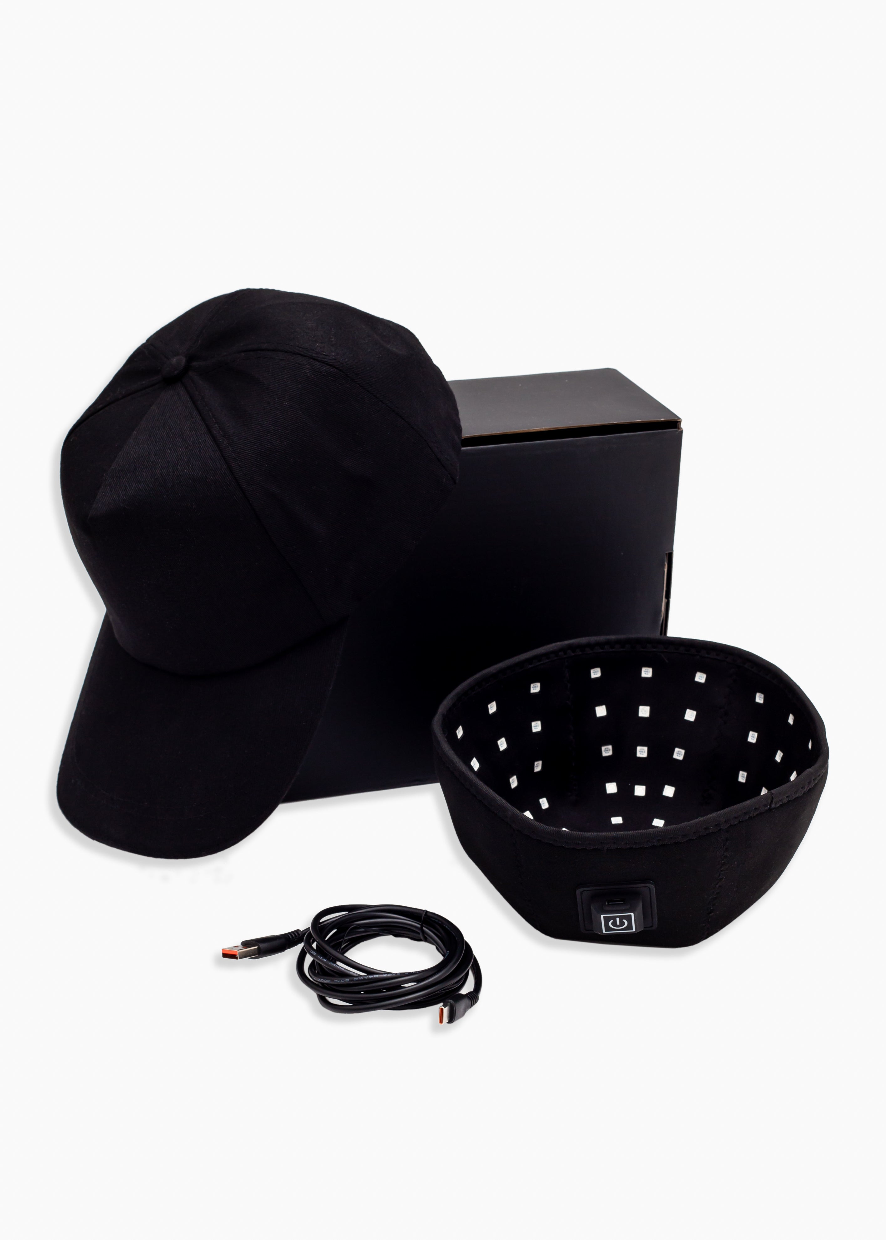 Black cap boxed with aesthetic baseball cap and charging lead